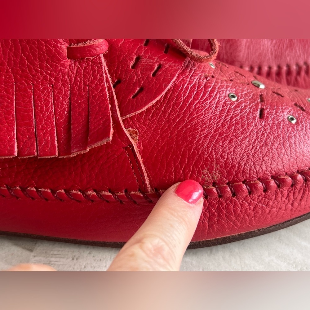 Women’s Vintage Wild Pair Brand Boho Southwestern Red Leather Moccasins size 10B - Picture 11 of 13
